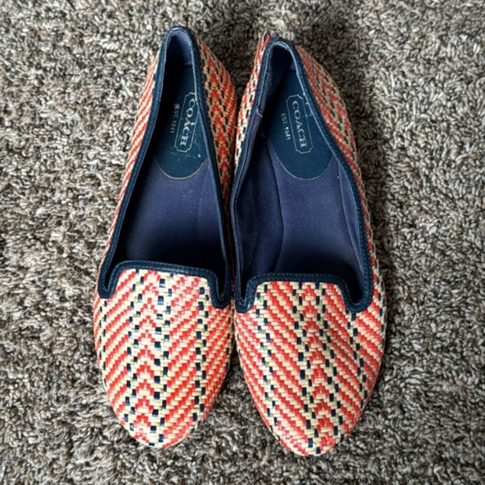 Coach Carton Straw/Raffia Flats Orange Navy Size 7.5